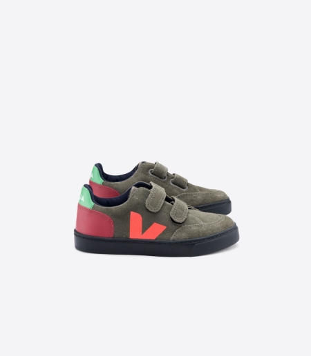 Kids Veja V-12 Velcro Suede Trainers Olive/Red/Green ireland IE-7693IB